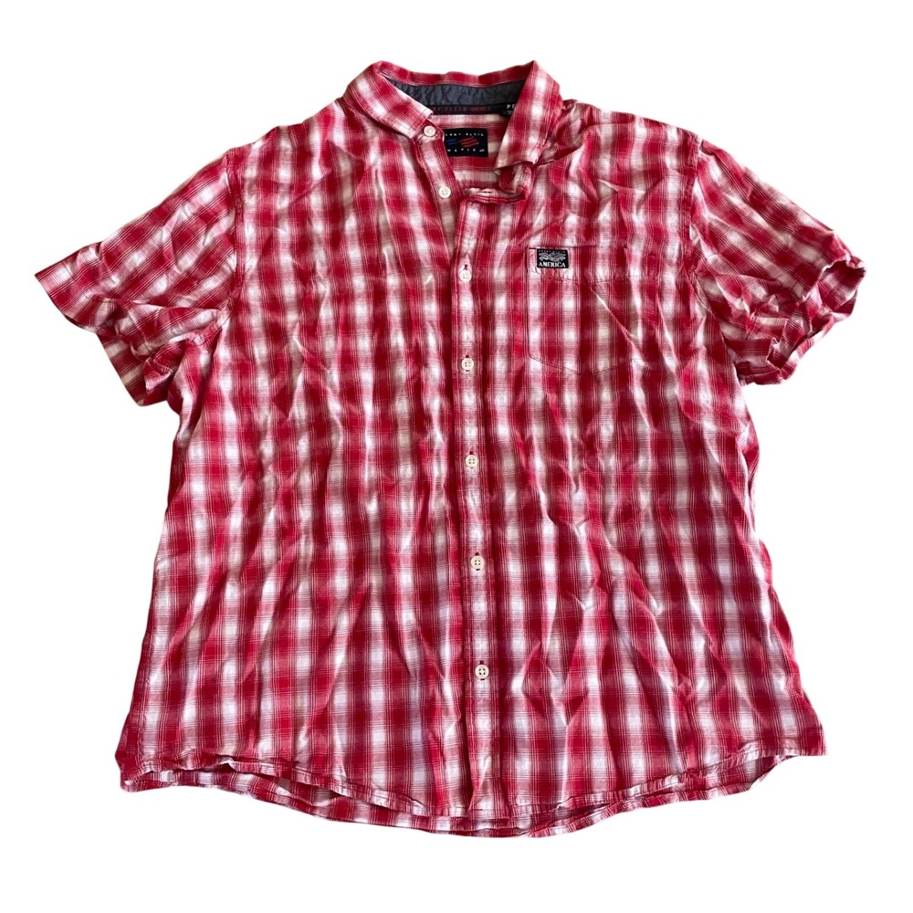 Perry Ellis America Mens XL Red White Plaid Short Sleeve Button Up Shirt